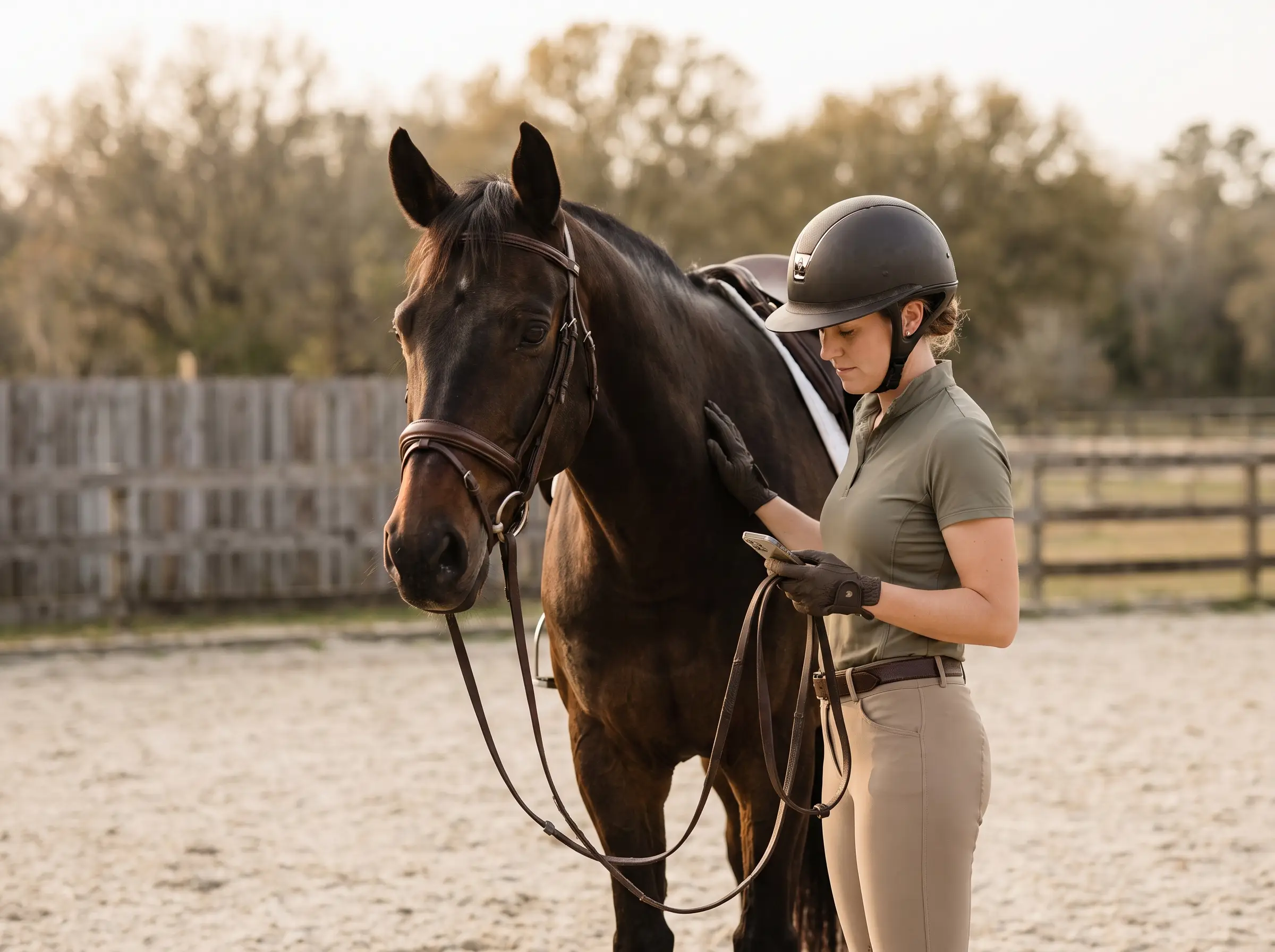 A helmeted rider reviewing her phone beside a bay horse after a practice ride